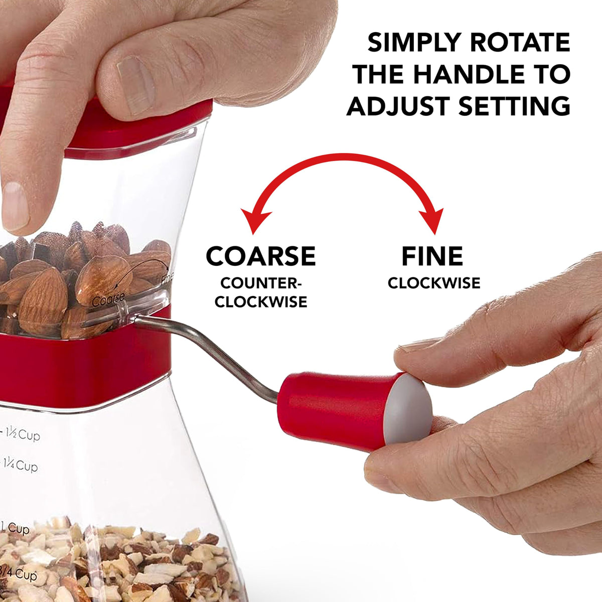 Progressive PrepWorks Nut Chopper hinged lid for fast filling and prep.