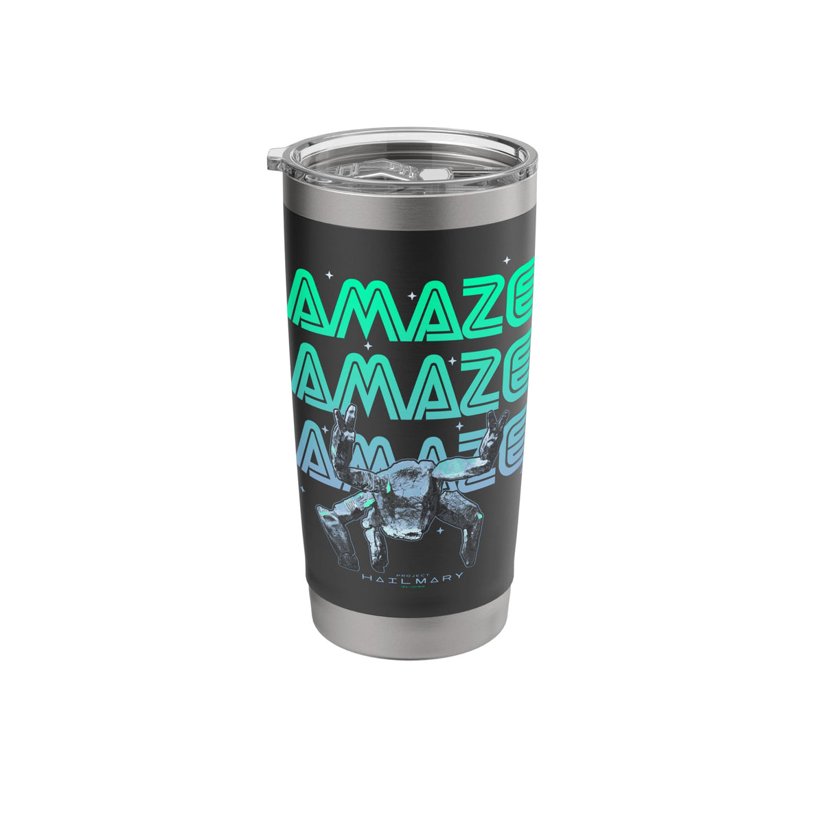 Project Hail Mary tumbler front view with neon Rocky portrait, ideal for on-the-go hydration.