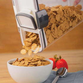 ProKeeper cereal keeper fits standard pantry shelves for neat storage.