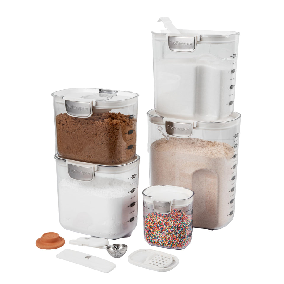 ProKeeper flour keeper with magnetic leveling bar for mess-free measuring