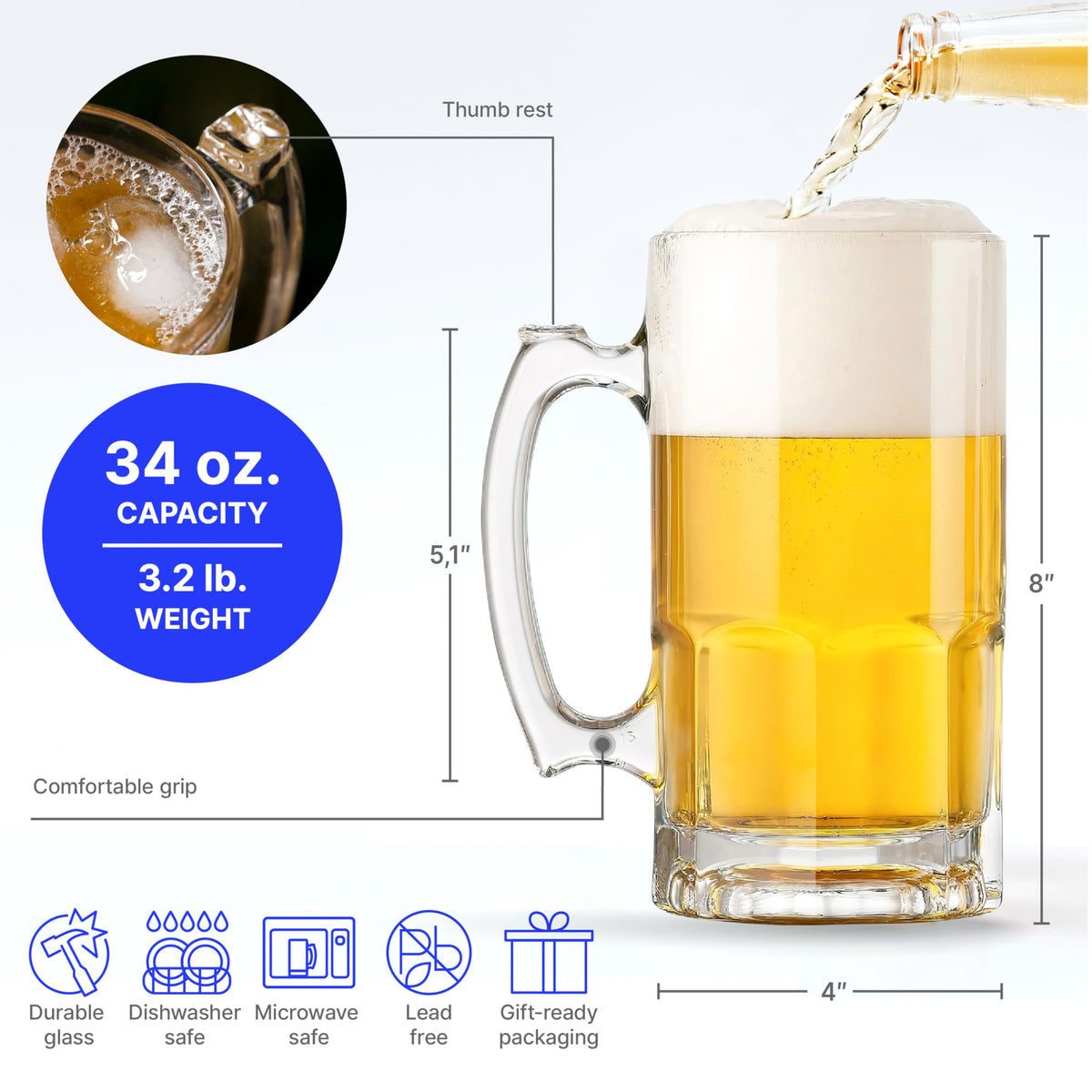 PROLISOK heavy 1L beer stein with sturdy thick glass for durability.