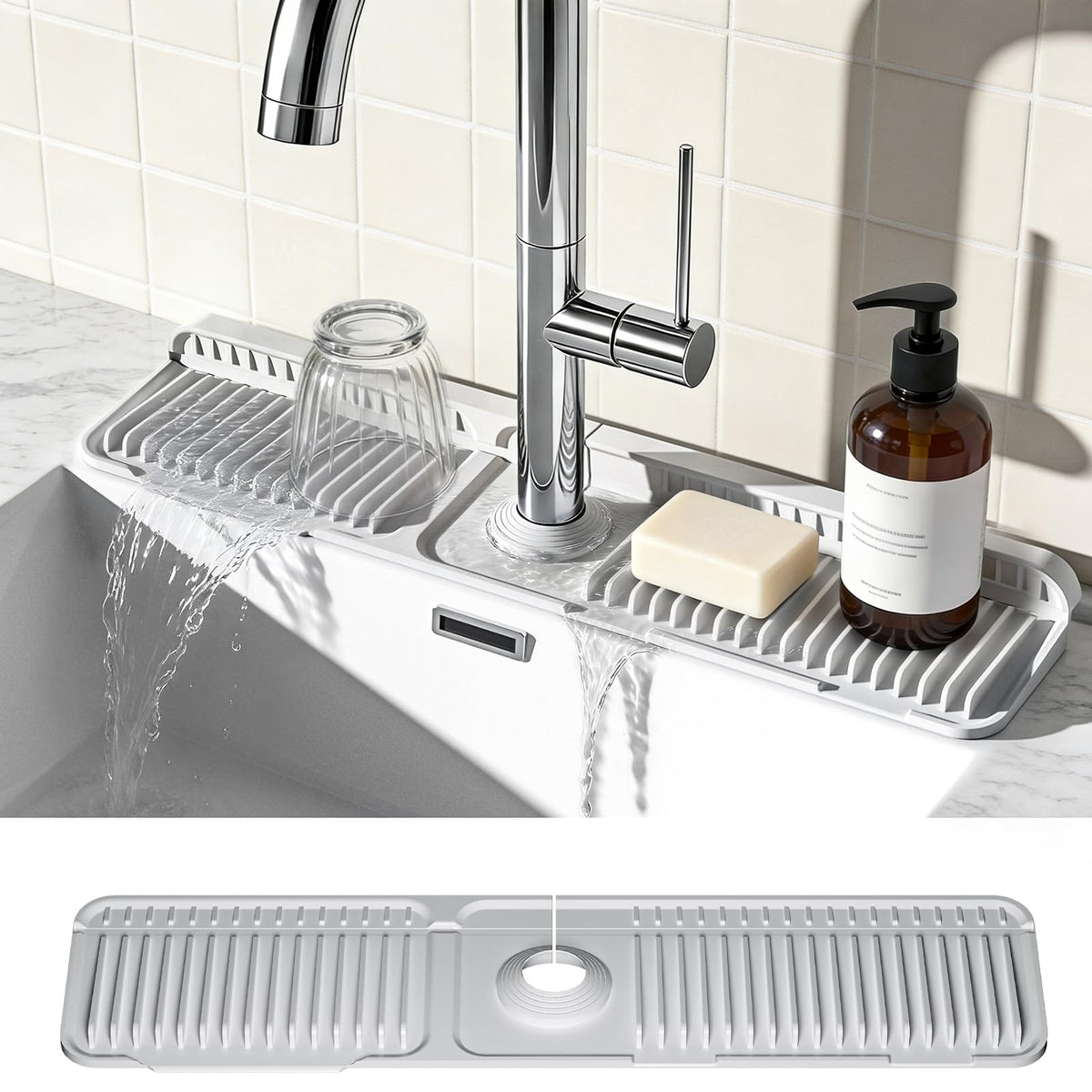 Prolixity 24-inch faucet mat behind the faucet keeps counters dry.