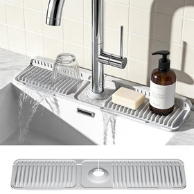 Prolixity 24-inch faucet mat behind the faucet keeps counters dry.