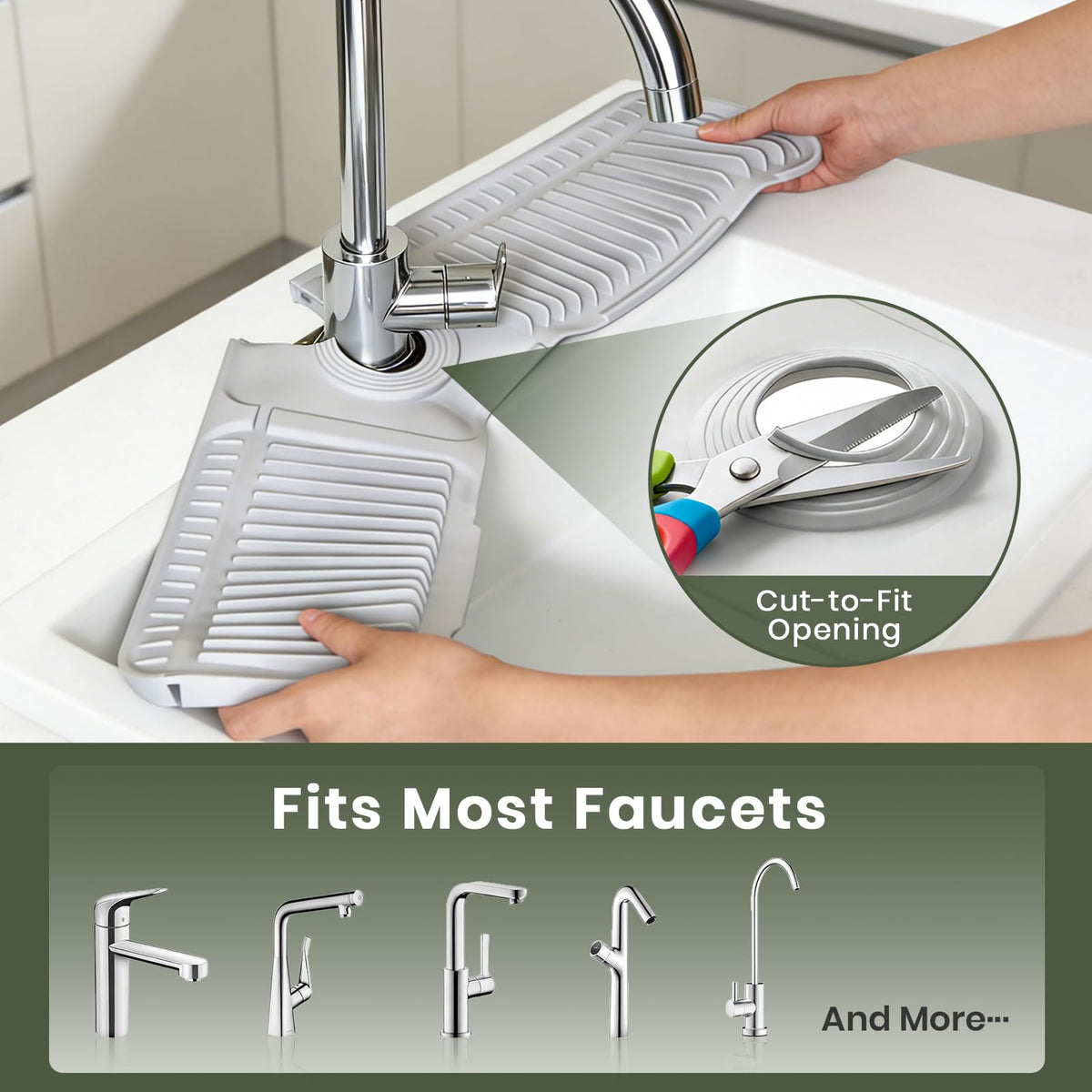 Prolixity cut-to-fit sink mat designed to fit most faucets with a clean look.