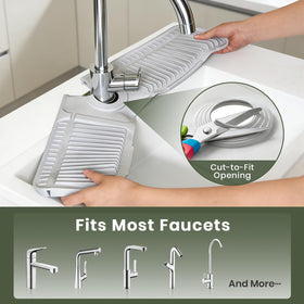 Prolixity cut-to-fit sink mat designed to fit most faucets with a clean look.