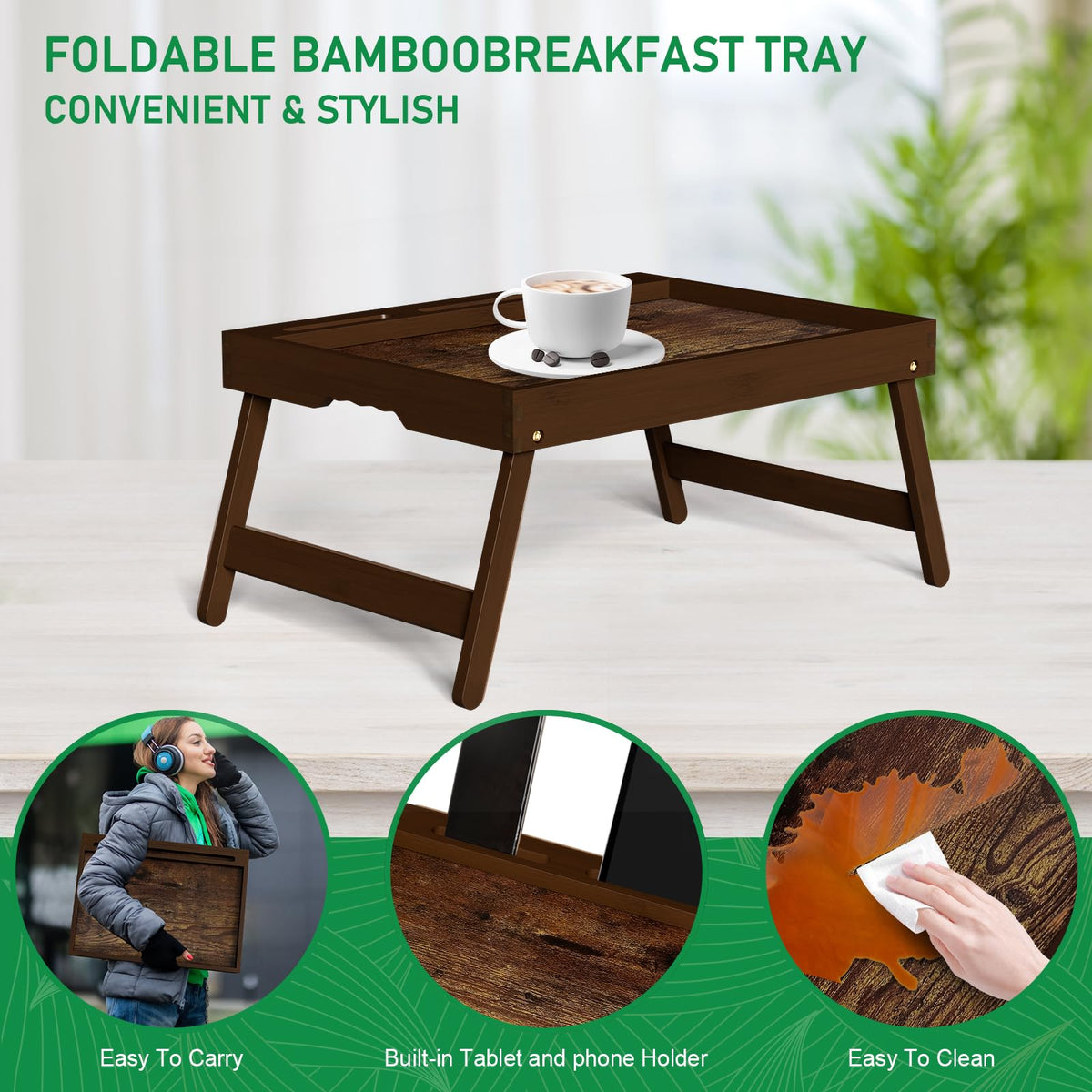 PROMITOP bamboo breakfast tray with extended surface, ideal for meals, laptops, and crafts.