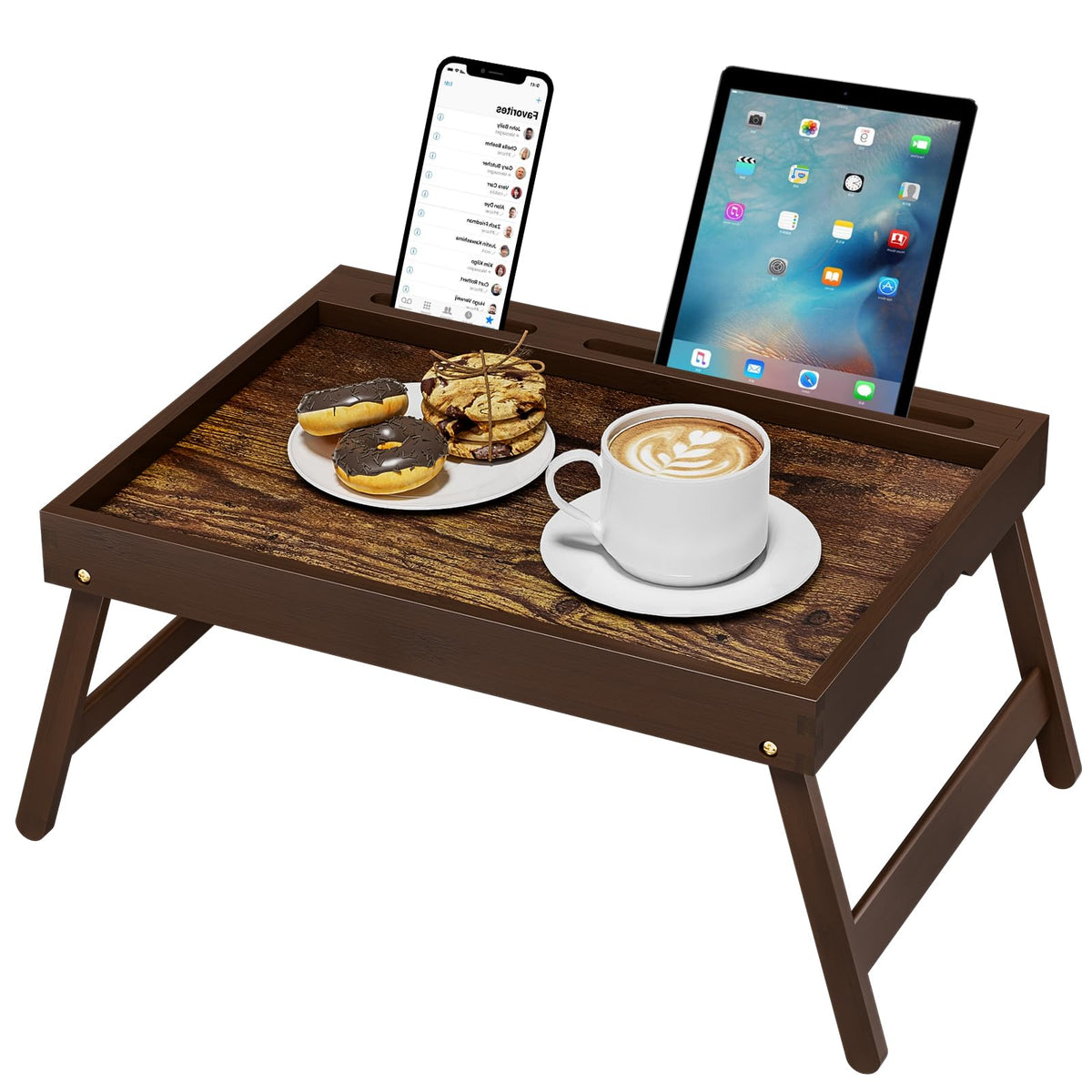 PROMITOP bamboo breakfast tray with folded legs for easy storage and quick setup.