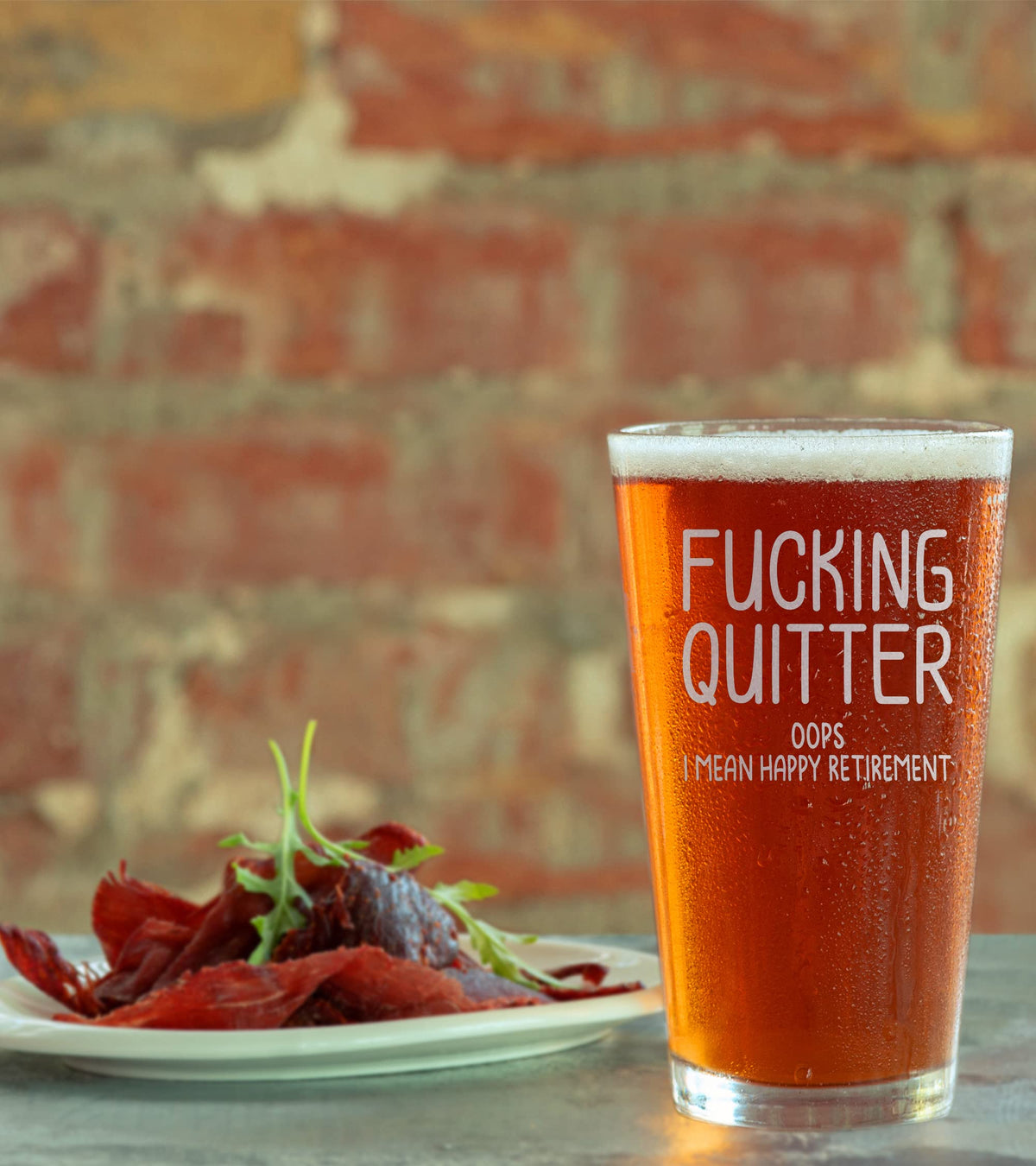Promotion & Beyond Happy Retirement beer pint glass, engraving detail, adds sarcastic charm for gifting.