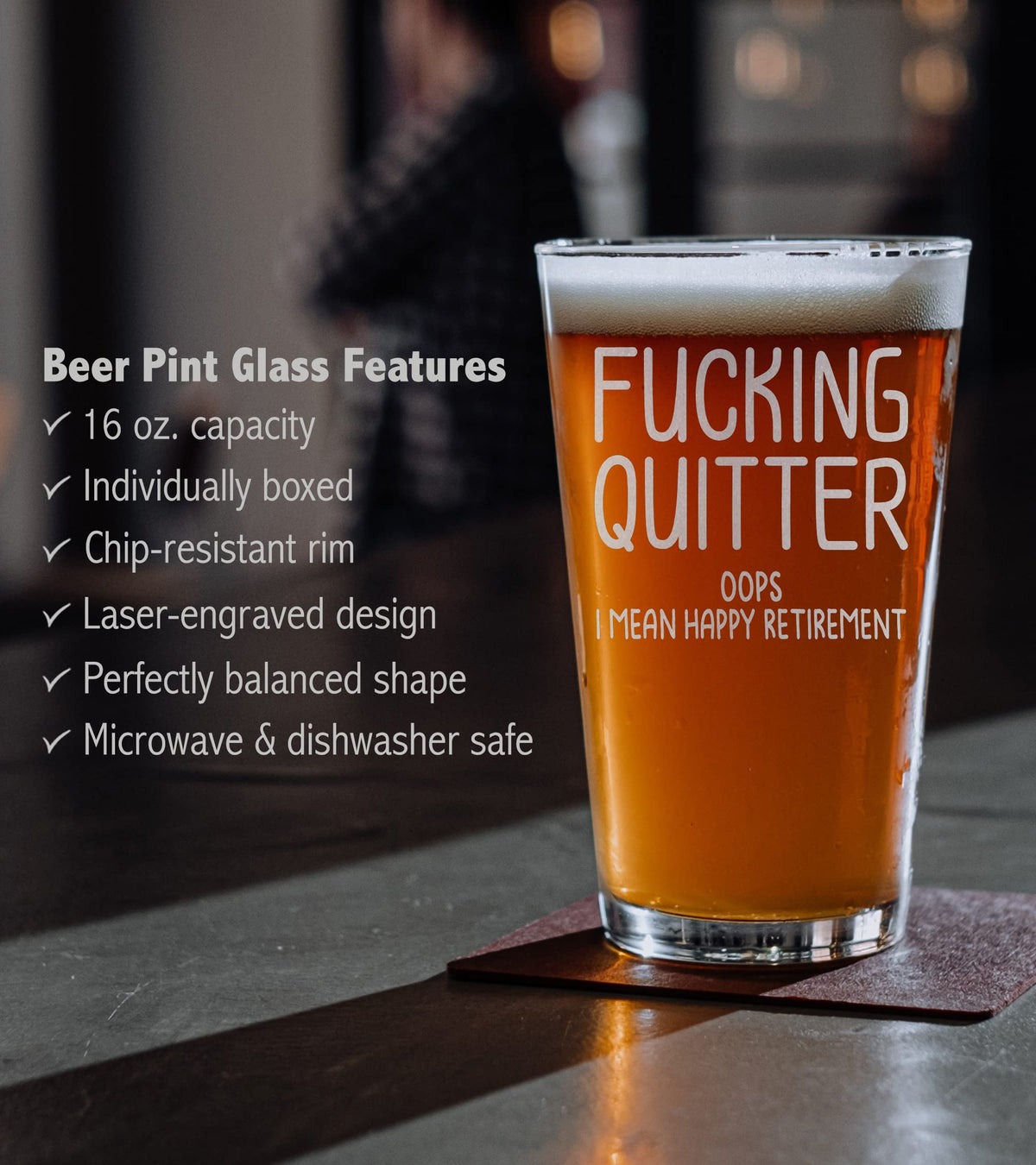 Promotion & Beyond Happy Retirement beer pint glass, gift-ready packaging, ready to present to recipients.