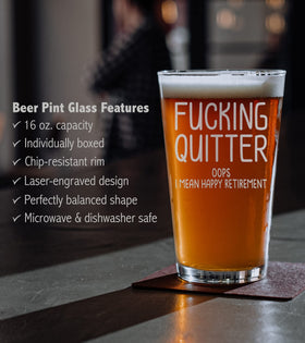 Promotion & Beyond Happy Retirement beer pint glass, gift-ready packaging, ready to present to recipients.