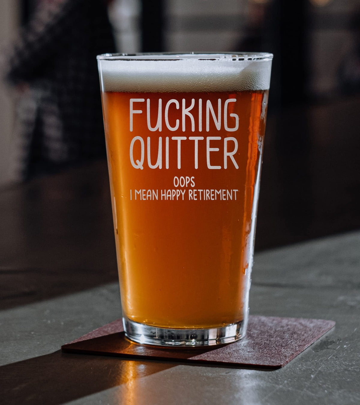 Promotion & Beyond Happy Retirement beer pint glass, humorous quote, perfect for Boss Day humor.