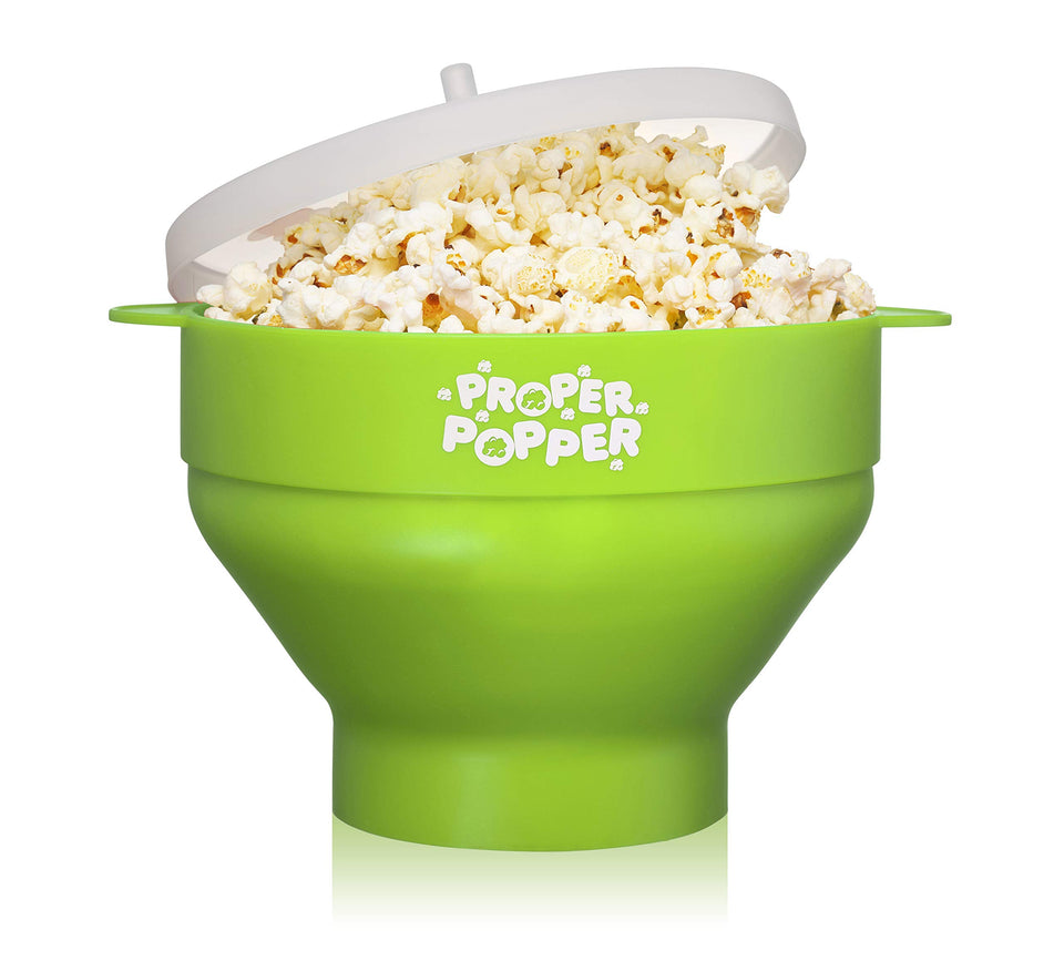 PROPER POPPER green collapsible bowl with lid for mess-free popcorn