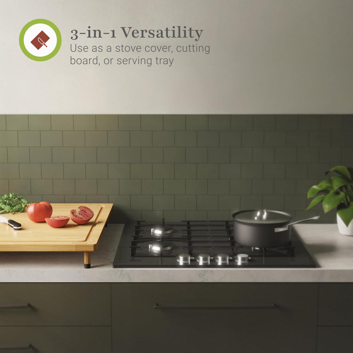 Prosumer's Choice bamboo stove top cover doubles as a serving tray for quick meals.