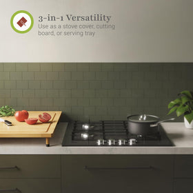 Prosumer's Choice bamboo stove top cover doubles as a serving tray for quick meals.