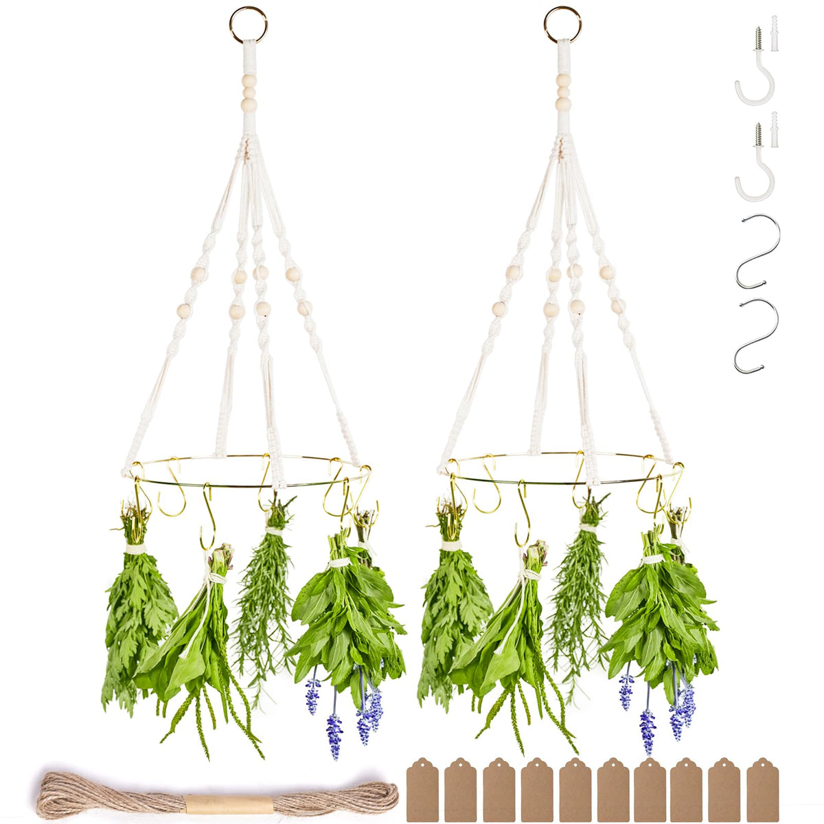 PROTITOUS herb drying rack with golden hooks and wood beads for stylish air-drying