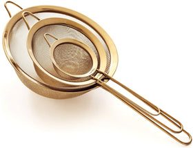 Proto Future strainer set 8inch fine mesh gold for easy pasta draining.