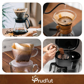 Prudiut cone filter setup in filter cup ready for brewing coffee.