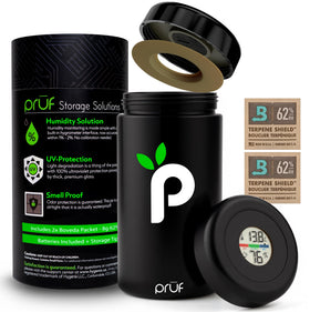 Prūf jar with built-in hygrometer showing precise humidity monitoring for dried goods
