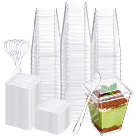 Pryntono 60-pack 5 oz dessert cups with lids and spoons, clear and party-ready