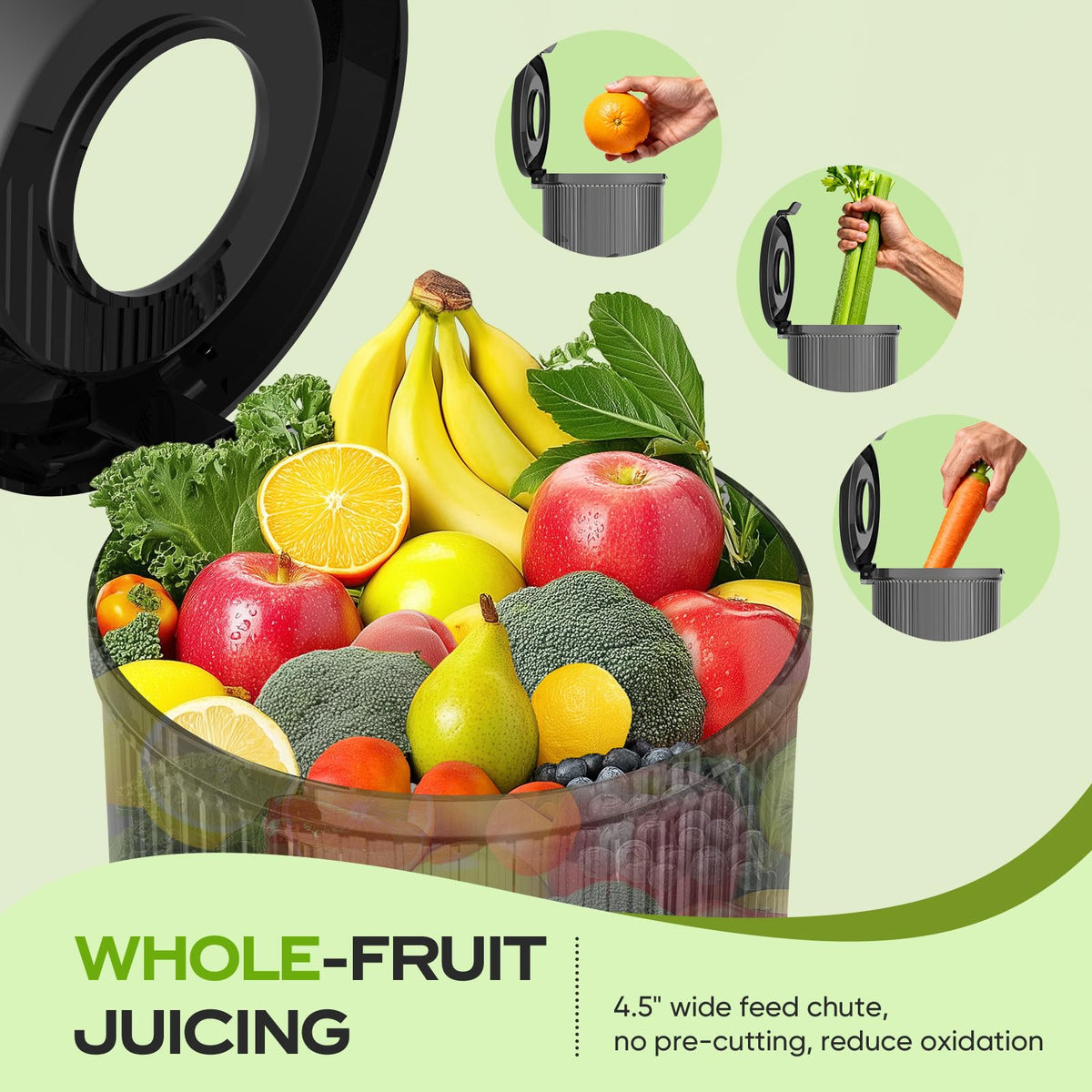 PSIIDAN slow-masticating juicer at 65 RPM preserves flavor and aroma.