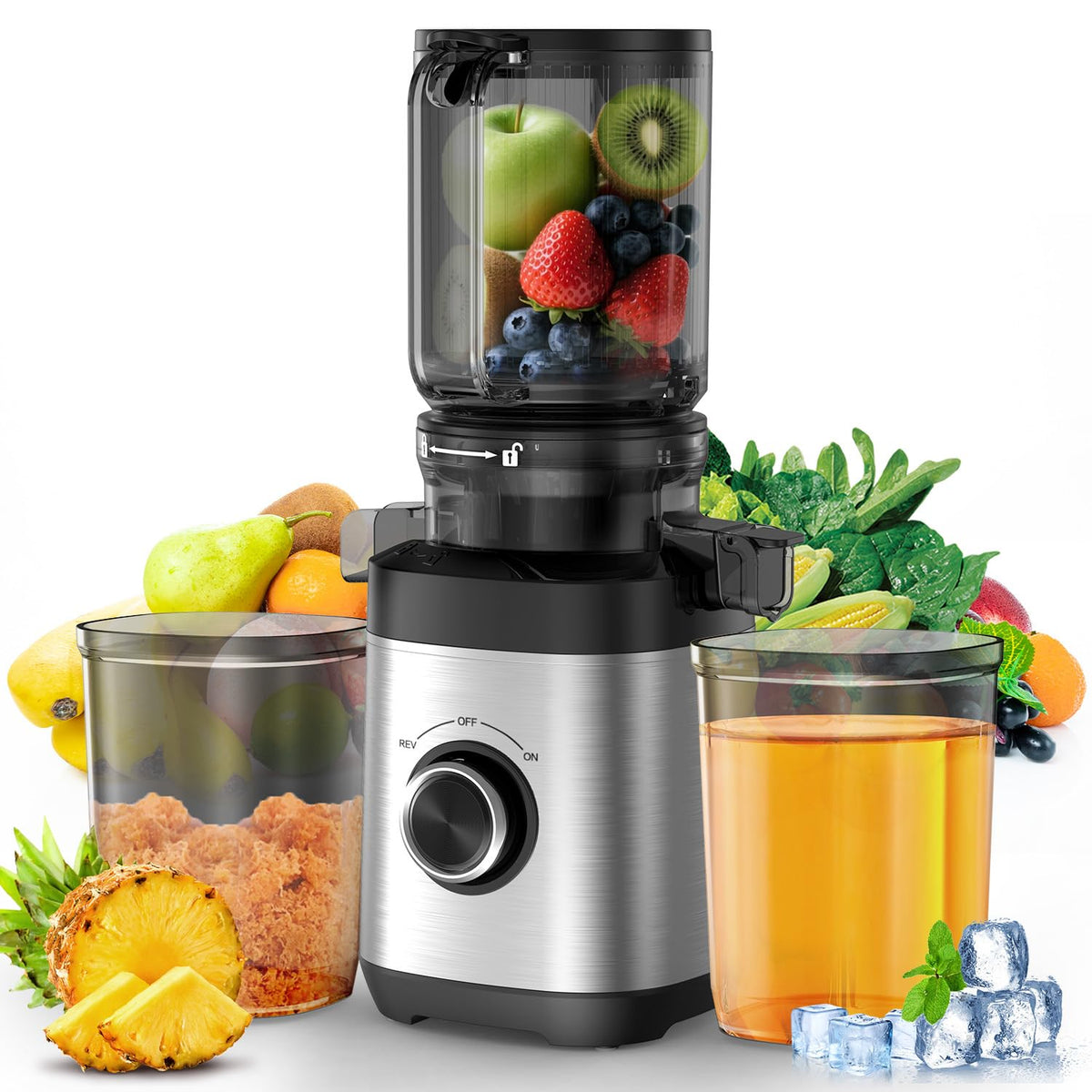 PSIIDAN juicer with wide feed chute enables convenient whole-fruit juicing.
