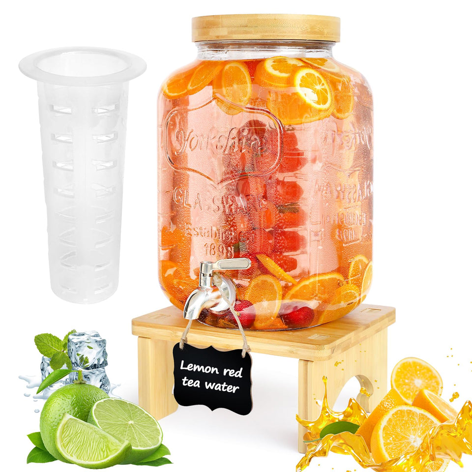 PSUTBPAT 2-gallon glass dispenser on a wood stand for party beverages.