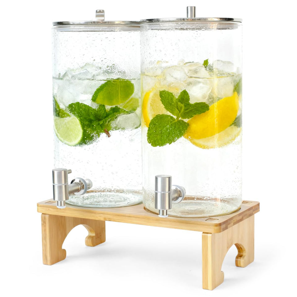 PSUTBPAT 2-pack 1.5-gallon dispenser with stand for easy outdoor party service.