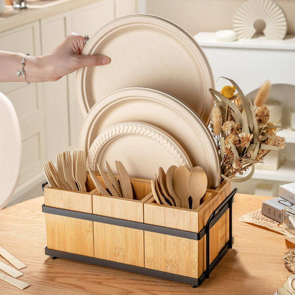 PTSTING paper plate napkin dispenser streamlines table setup for events.
