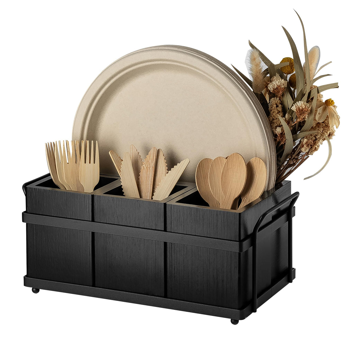 PTSTING Silverware Caddy in black wood keeps utensils neatly organized on the counter.