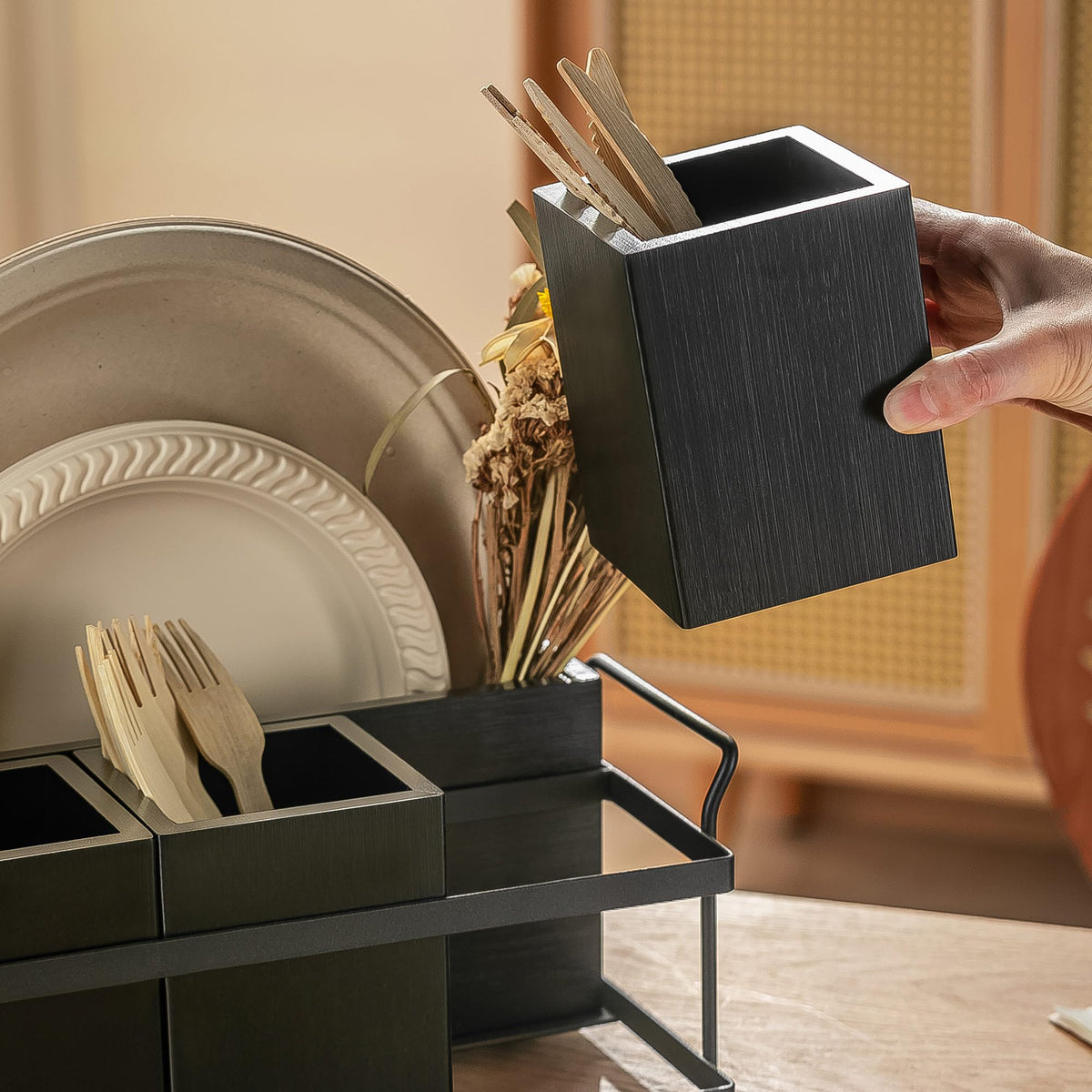 PTSTING caddy features black metal handles for easy transport.