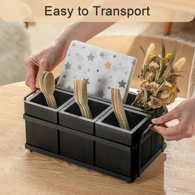 PTSTING caddy holding plates and napkins for quick table setup.