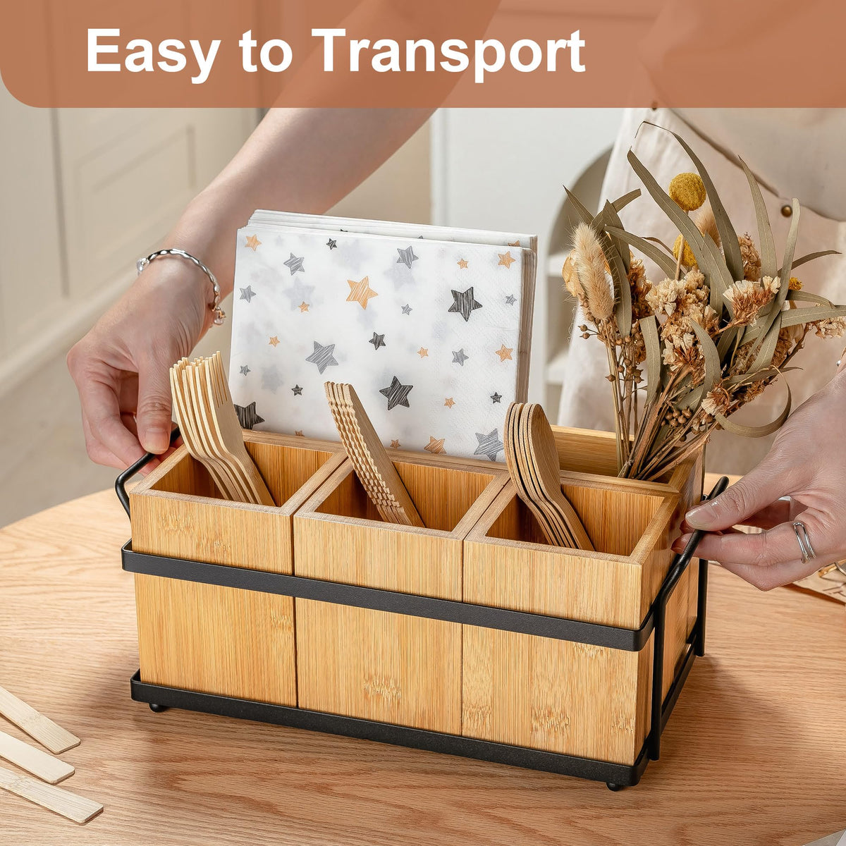 PTSTING wood utensil slot removable enables flexible plate and napkin storage.
