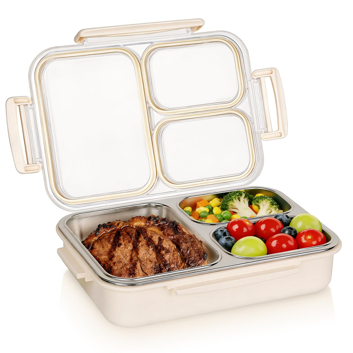 PTYTIFY Bento Box beige lid view showing easy content checks and compact design.