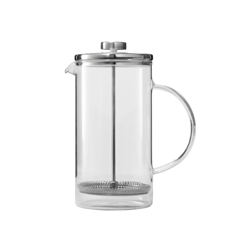 Public Goods 34 oz French Press glass carafe highlights rich, full-bodied coffee.