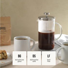 Public Goods French Press with stainless steel lid shows drip-free pouring.