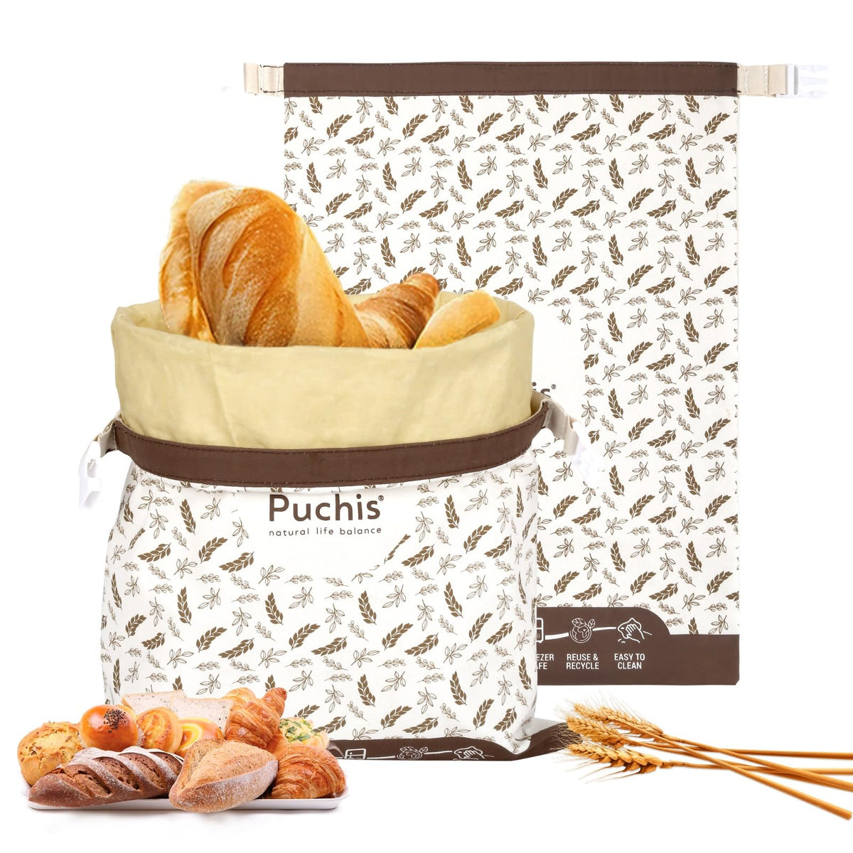 PUCHIS beeswax bread bags front view for fresh bread storage.