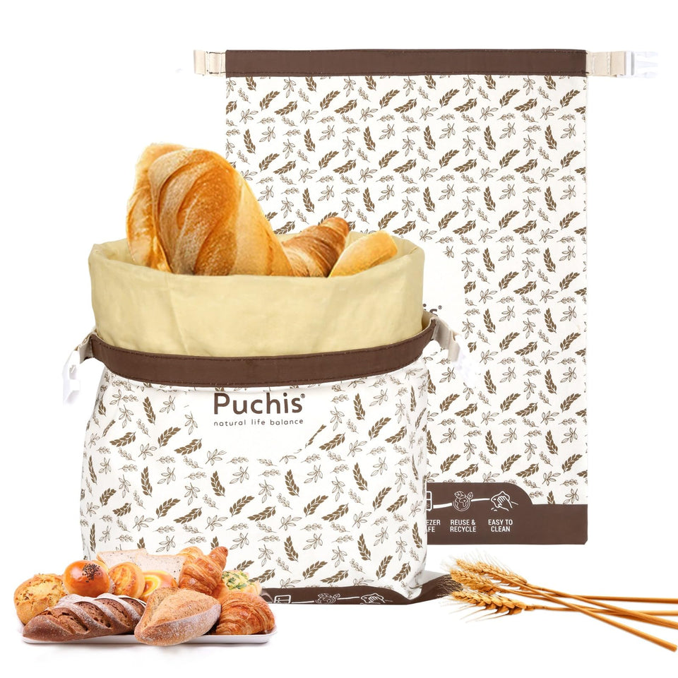 PUCHIS beeswax bread bags front view for fresh bread storage.