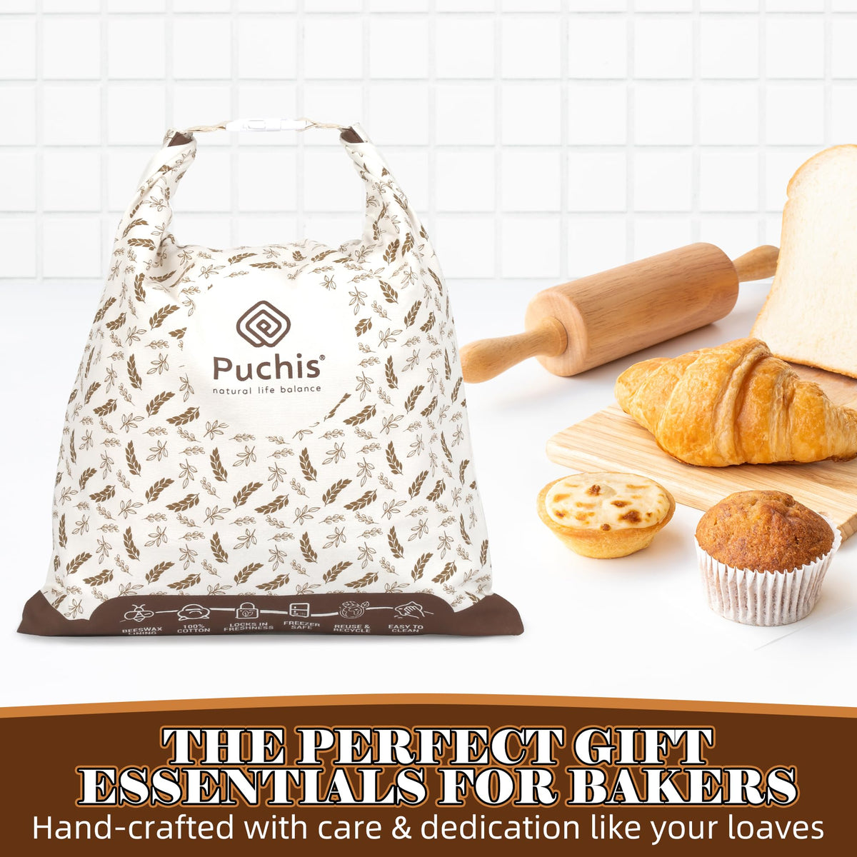 PUCHIS beeswax bread bags close-up pattern detail shows elegant design.