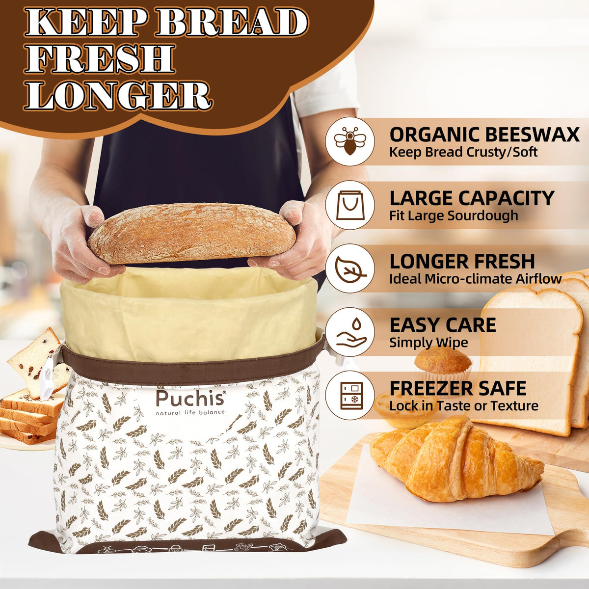 PUCHIS beeswax bread bags side view highlights pattern and sustainable materials.