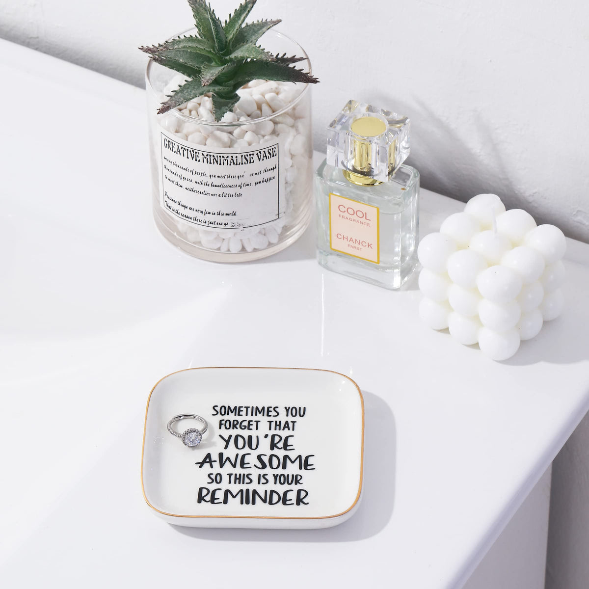 Pudding Cabin ring dish on office desk as chic decor and convenient storage.