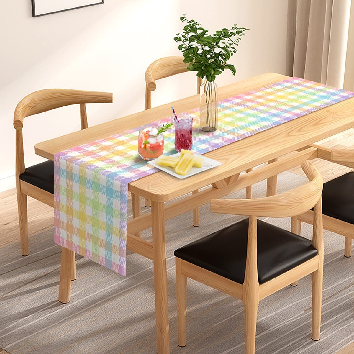 Pudodo Easter buffalo plaid table runner on dining setup enhances seasonal ambiance.