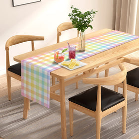 Pudodo Easter buffalo plaid table runner on dining setup enhances seasonal ambiance.
