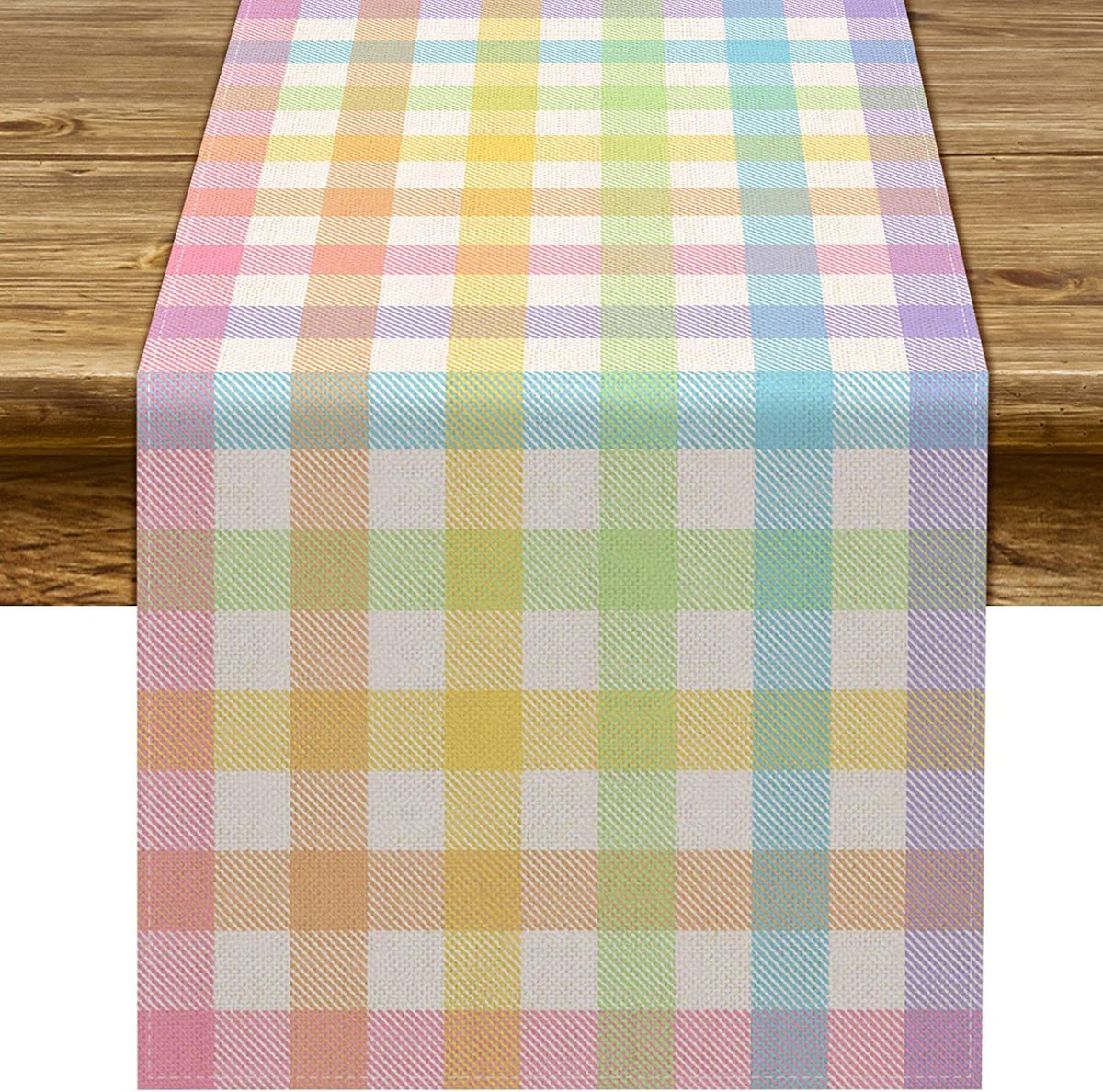 Pudodo Easter buffalo plaid table runner on a full table, ideal for spring gatherings.