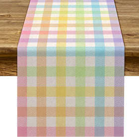 Pudodo Easter buffalo plaid table runner on a full table, ideal for spring gatherings.