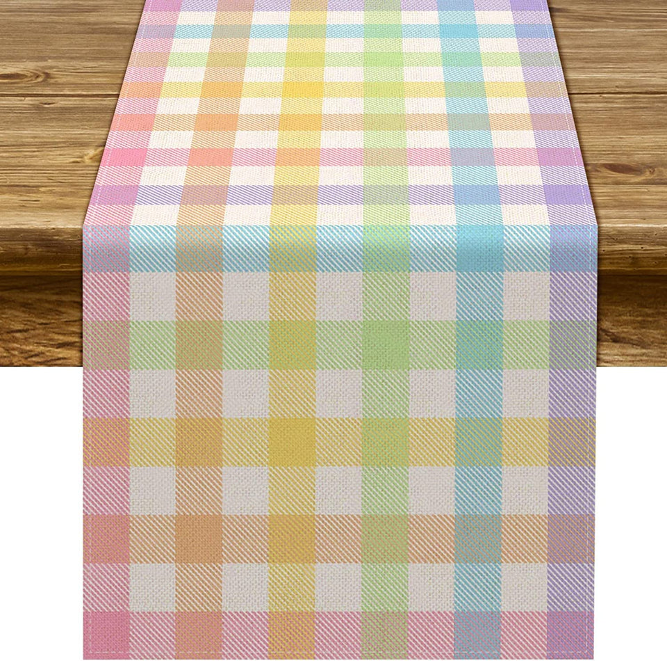 Pudodo Easter buffalo plaid table runner on a full table, ideal for spring gatherings.