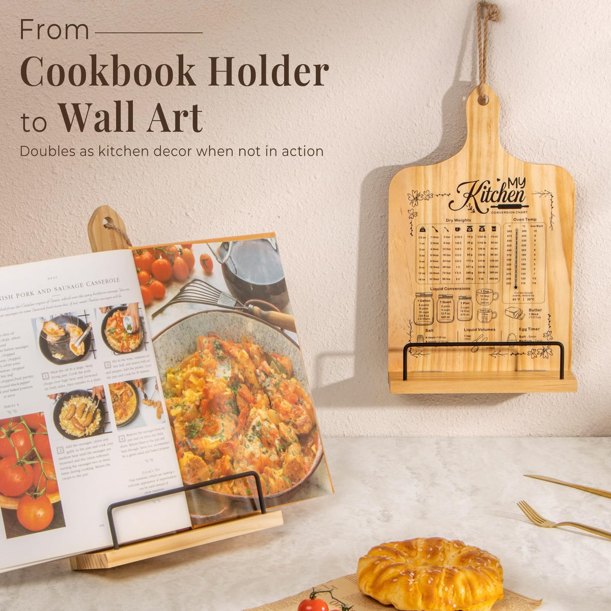 PUERSI adjustable cookbook stand supports different book sizes for hands-free cooking.