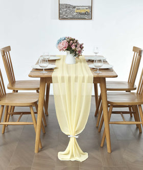 Pufogu bridal table decor in chiffon runner for elegant centerpiece.