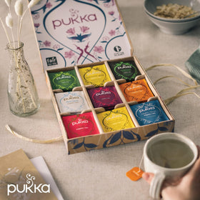 PUKKA box open on counter showing gift-ready packaging.