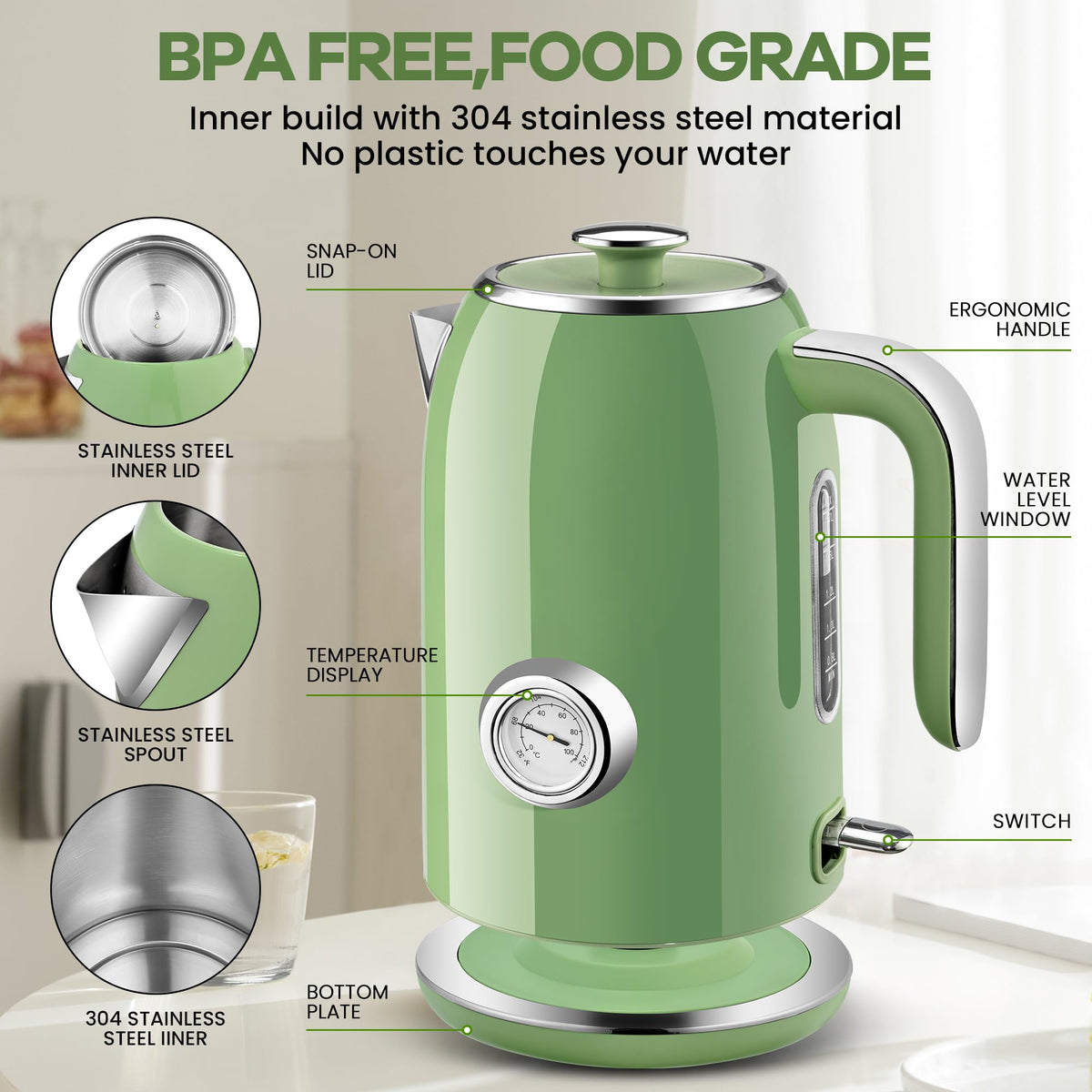 Pukomc electric kettle highlights 1.7L capacity for family tea and coffee.