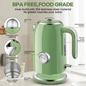 Pukomc electric kettle highlights 1.7L capacity for family tea and coffee.